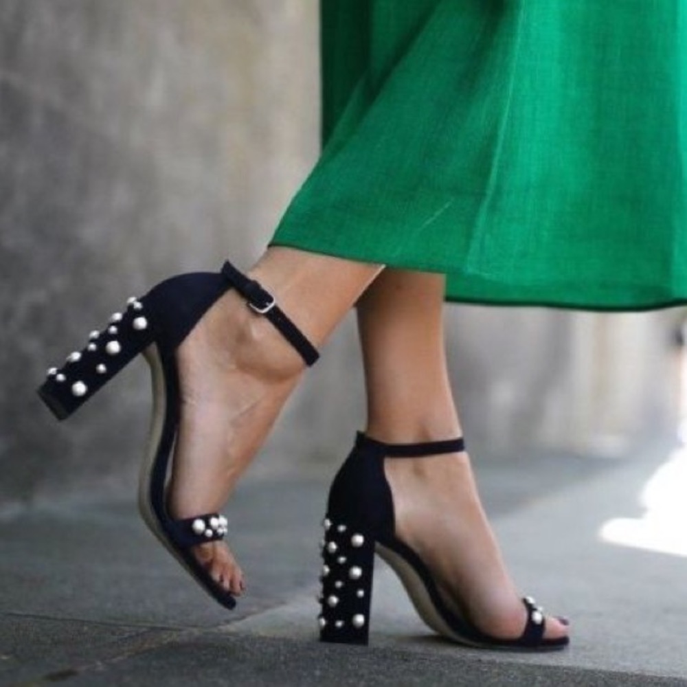 Sz 4 Stuart Weitzman More Pearls Blue Suede Heels - Picture 1 of 8